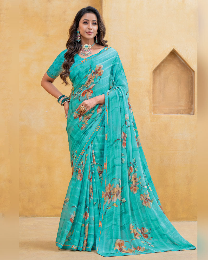 Vishal Prints Sea Green Patterned Chiffon Digital Print Saree With Fancy Border