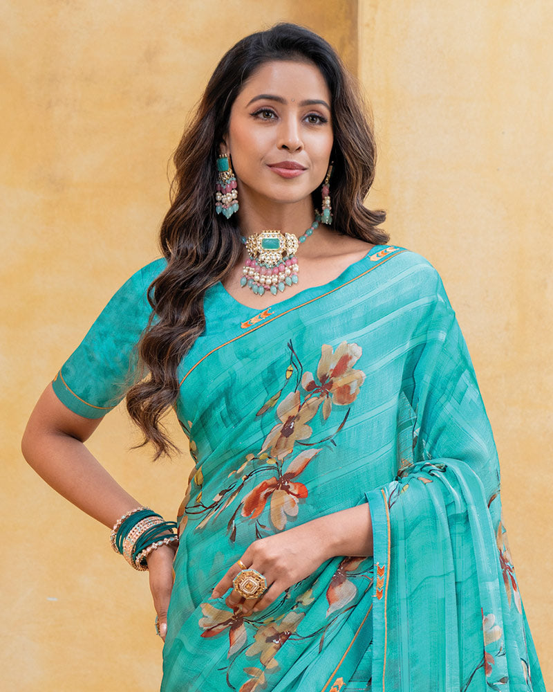Vishal Prints Sea Green Patterned Chiffon Digital Print Saree With Fancy Border