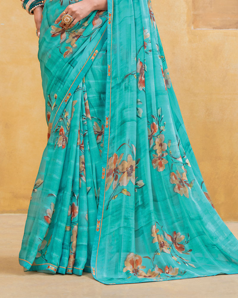 Vishal Prints Sea Green Patterned Chiffon Digital Print Saree With Fancy Border