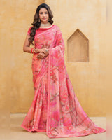 Vishal Prints Coral Pink Patterned Chiffon Digital Print Saree With Fancy Border
