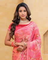 Vishal Prints Coral Pink Patterned Chiffon Digital Print Saree With Fancy Border