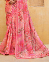 Vishal Prints Coral Pink Patterned Chiffon Digital Print Saree With Fancy Border