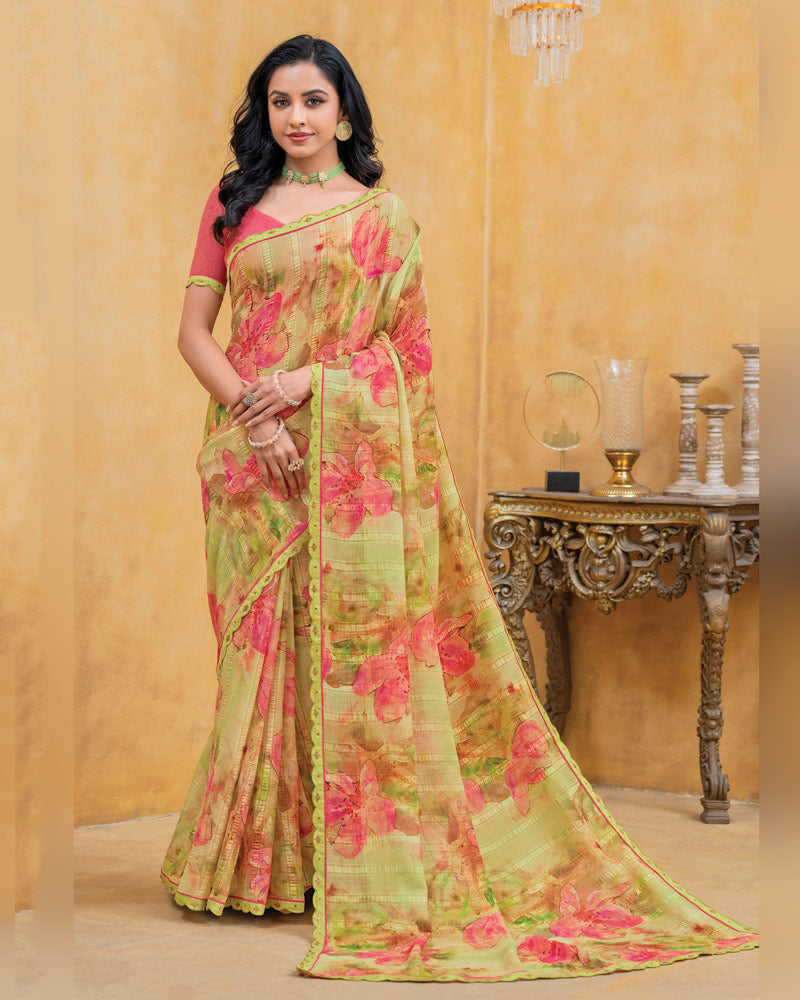 Vishal Prints Pistachio Green Floral Patterned Chiffon Digital Print Saree With Fancy Border