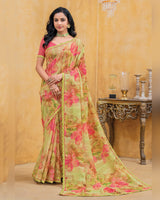Vishal Prints Pistachio Green Floral Patterned Chiffon Digital Print Saree With Fancy Border