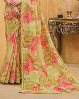 Vishal Prints Pistachio Green Floral Patterned Chiffon Digital Print Saree With Fancy Border