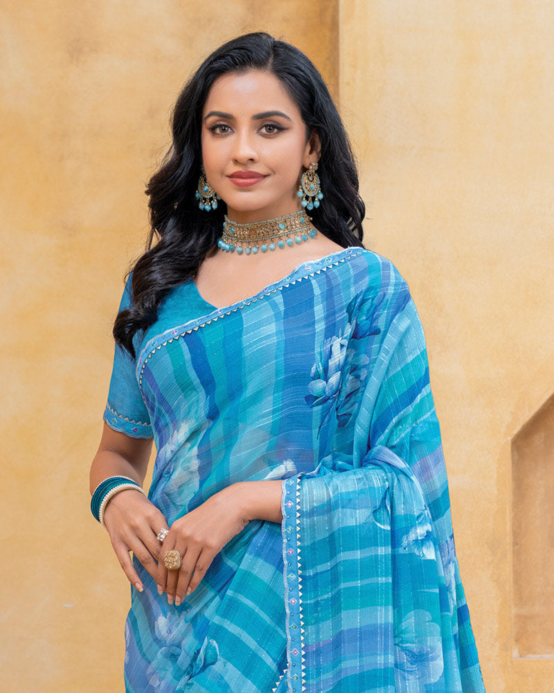 Vishal Prints Sky Blue Patterned Chiffon Digital Print Saree With Fancy Border