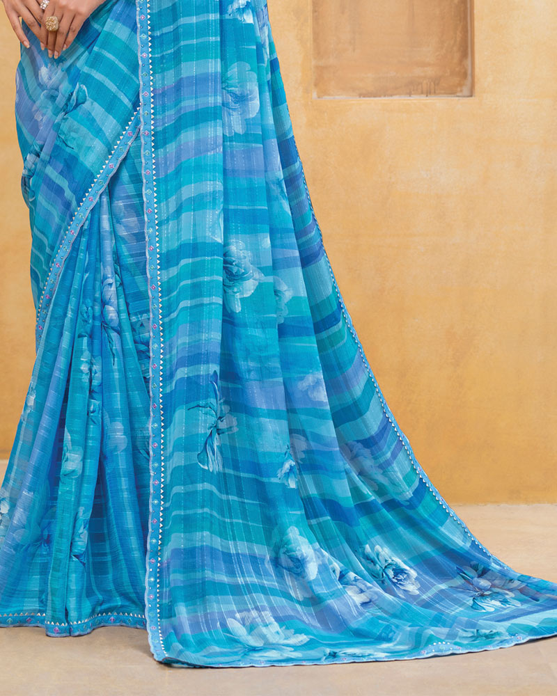 Vishal Prints Sky Blue Patterned Chiffon Digital Print Saree With Fancy Border