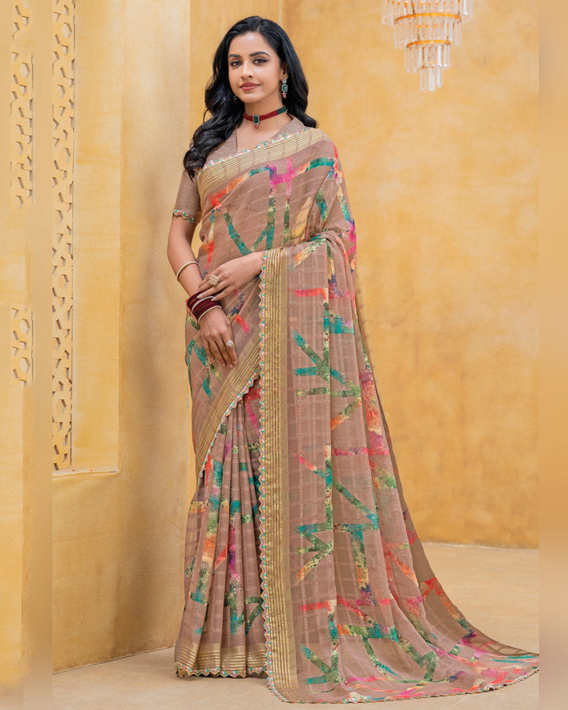 Vishal Prints Taupe Brown Patterned Chiffon Digital Print Saree With Fancy Border