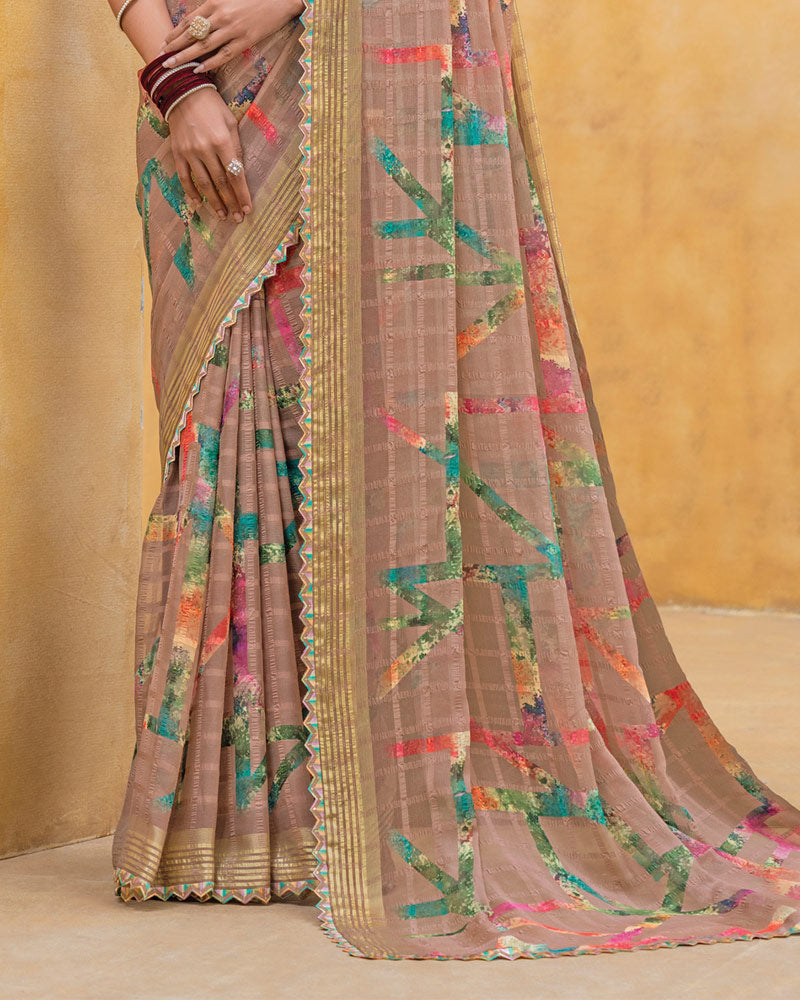 Vishal Prints Taupe Brown Patterned Chiffon Digital Print Saree With Fancy Border