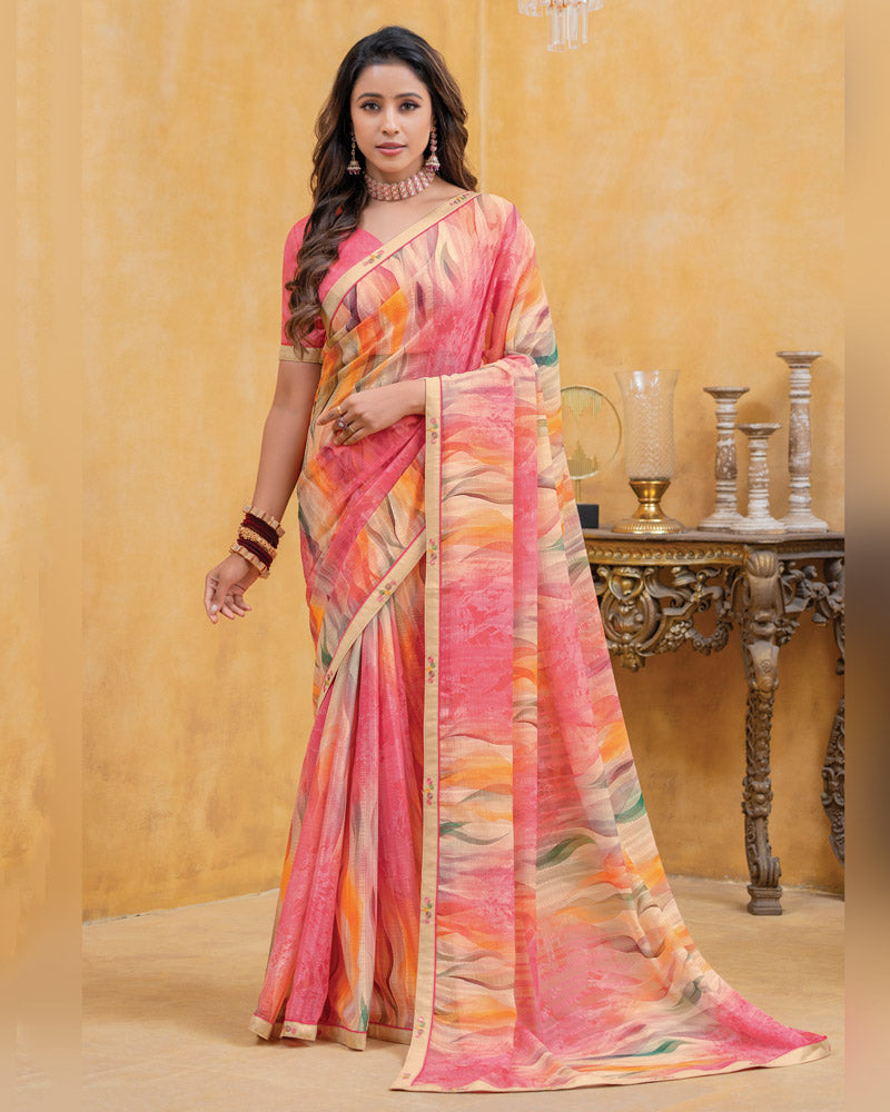 Vishal Prints Peachy Orange Patterned Chiffon Digital Print Saree With Fancy Border