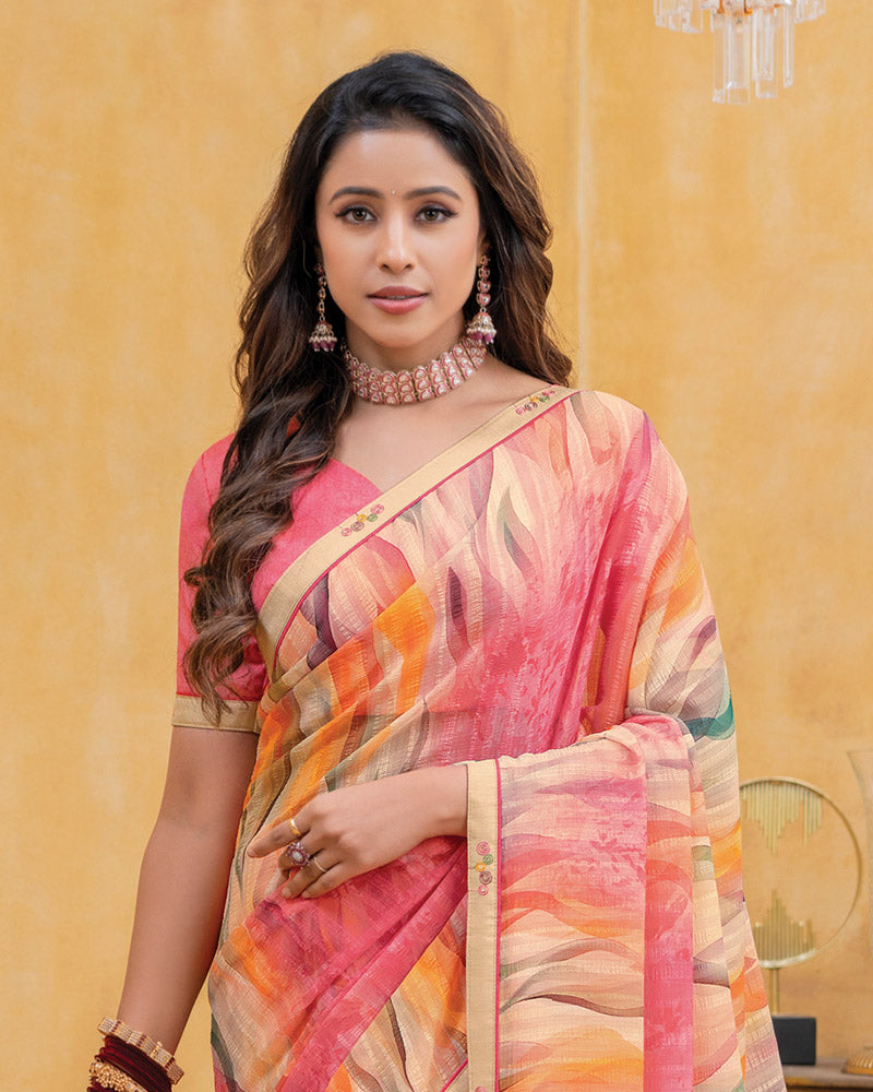 Vishal Prints Peachy Orange Patterned Chiffon Digital Print Saree With Fancy Border