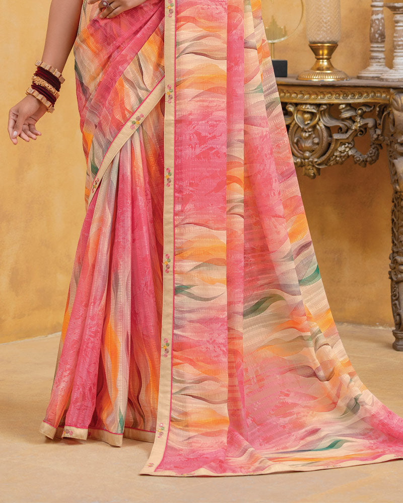 Vishal Prints Peachy Orange Patterned Chiffon Digital Print Saree With Fancy Border