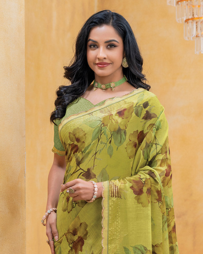 Vishal Prints Olive Green Patterned Chiffon Digital Print Saree With Fancy Border