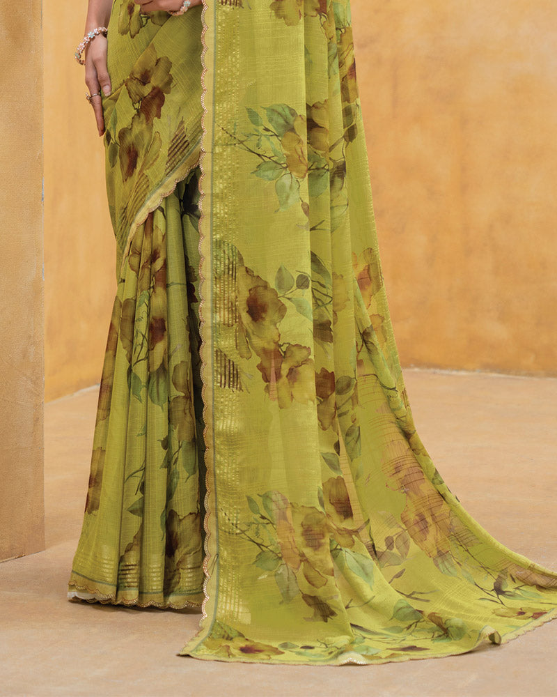 Vishal Prints Olive Green Patterned Chiffon Digital Print Saree With Fancy Border