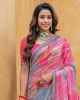 Vishal Prints Dusty Pink And Grey Patterned Chiffon Digital Print Saree With Fancy Border