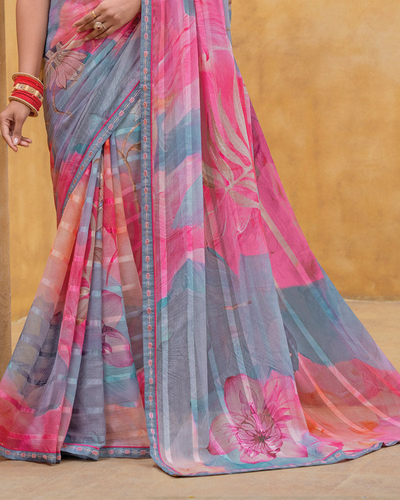 Vishal Prints Dusty Pink And Grey Patterned Chiffon Digital Print Saree With Fancy Border