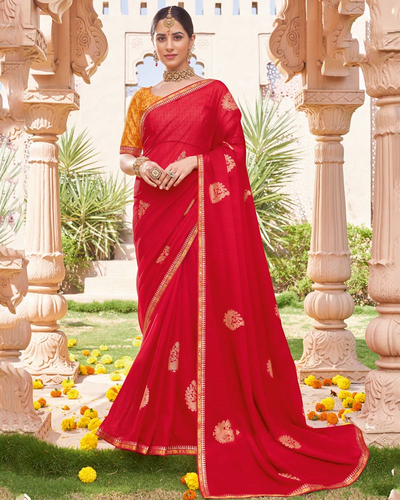 Vishal Prints Persian Red Designer Chiffon Saree With Foil Print And Fancy Border
