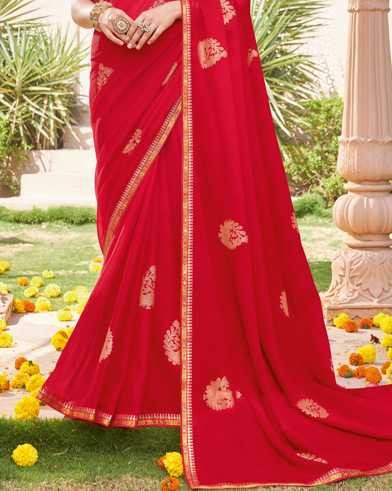 Vishal Prints Persian Red Designer Chiffon Saree With Foil Print And Fancy Border
