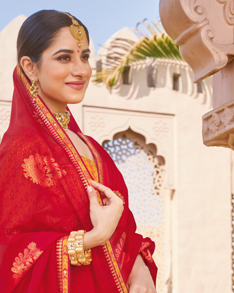 Vishal Prints Persian Red Designer Chiffon Saree With Foil Print And Fancy Border