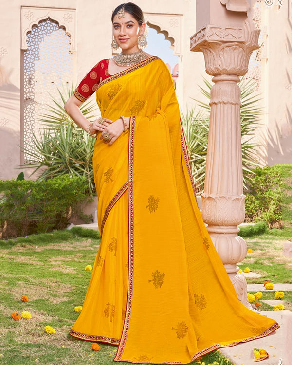 Vishal Prints Golden Yellow Designer Chiffon Saree With Foil Print And Fancy Border