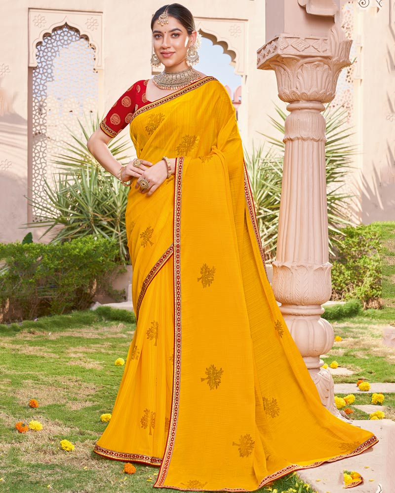Vishal Prints Golden Yellow Designer Chiffon Saree With Foil Print And Fancy Border