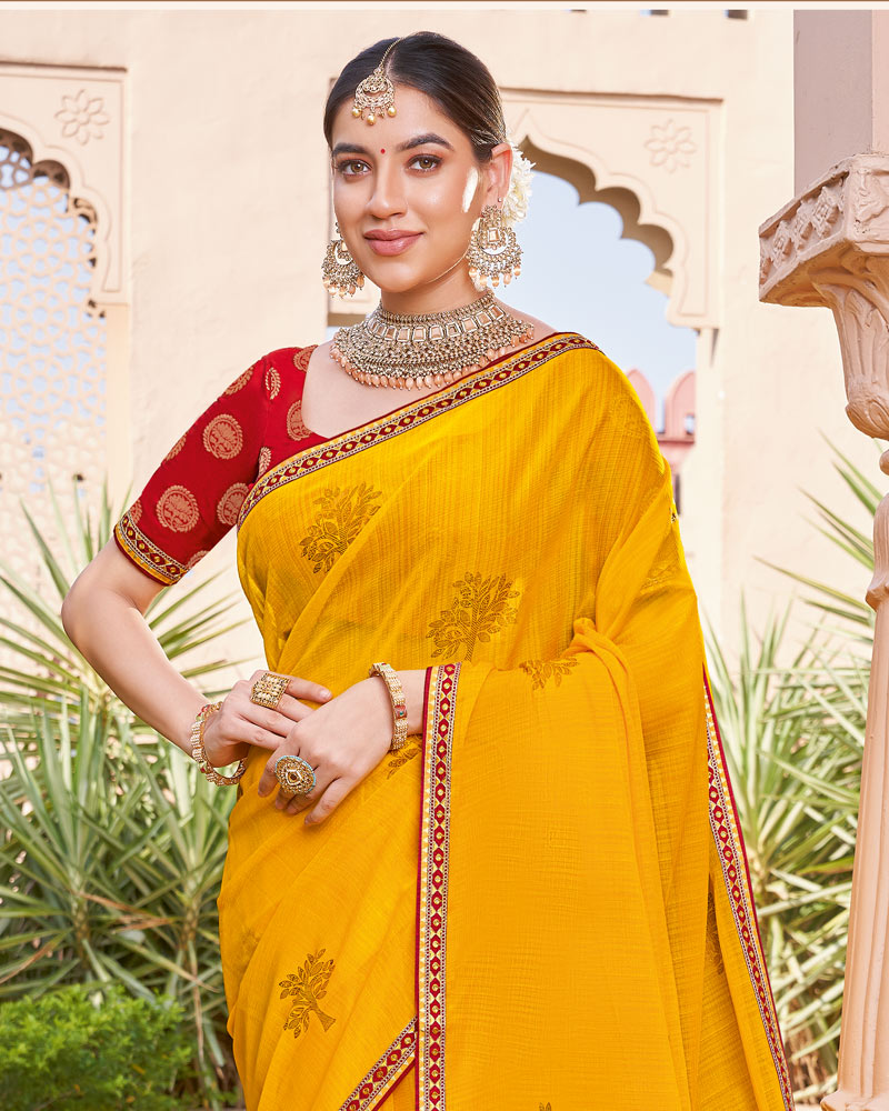 Vishal Prints Golden Yellow Designer Chiffon Saree With Foil Print And Fancy Border