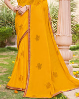 Vishal Prints Golden Yellow Designer Chiffon Saree With Foil Print And Fancy Border