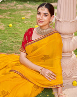 Vishal Prints Golden Yellow Designer Chiffon Saree With Foil Print And Fancy Border