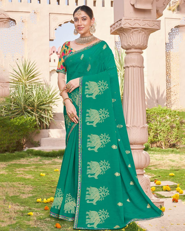 Vishal Prints Deep Sea Green Designer Chiffon Saree With Foil Print And Fancy Border