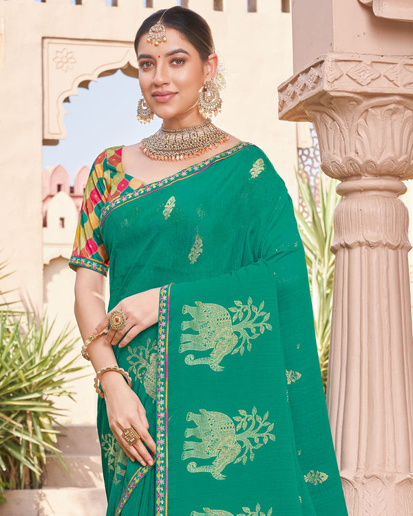 Vishal Prints Deep Sea Green Designer Chiffon Saree With Foil Print And Fancy Border
