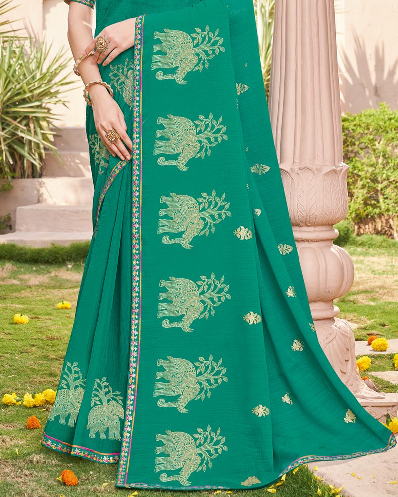 Vishal Prints Deep Sea Green Designer Chiffon Saree With Foil Print And Fancy Border