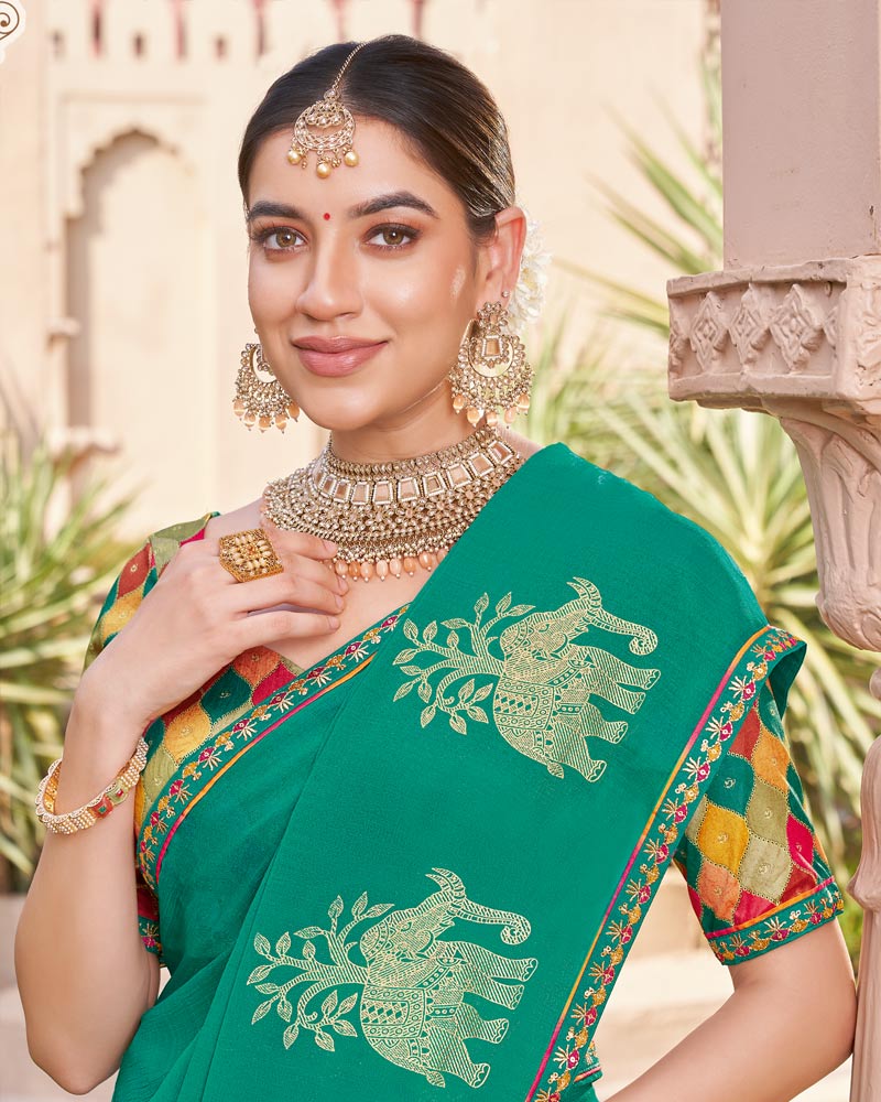 Vishal Prints Deep Sea Green Designer Chiffon Saree With Foil Print And Fancy Border
