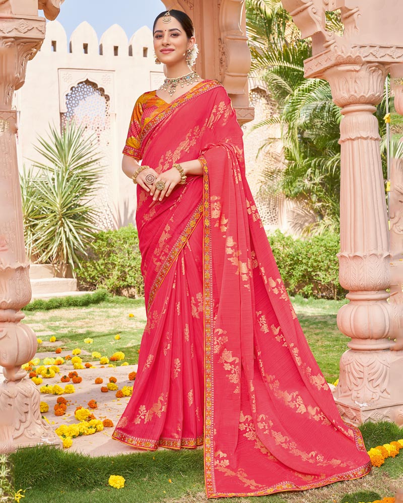 Vishal Prints Pastel Red Designer Chiffon Saree With Foil Print And Fancy Border