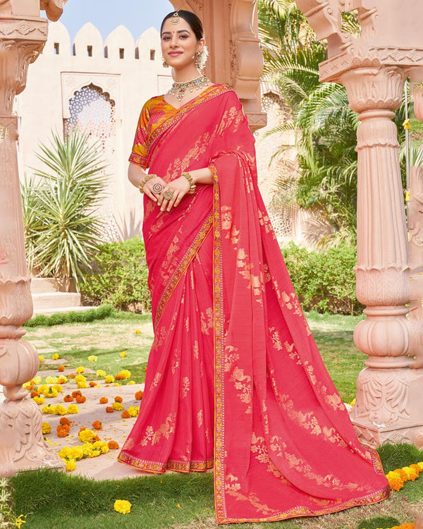 Vishal Prints Pastel Red Designer Chiffon Saree With Foil Print And Fancy Border