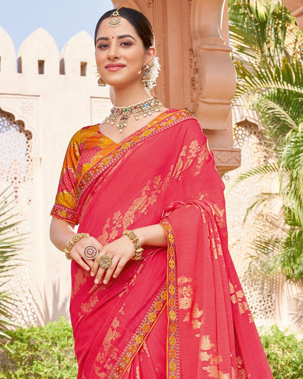 Vishal Prints Pastel Red Designer Chiffon Saree With Foil Print And Fancy Border