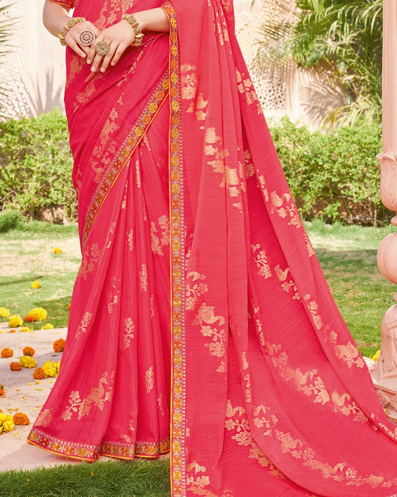 Vishal Prints Pastel Red Designer Chiffon Saree With Foil Print And Fancy Border