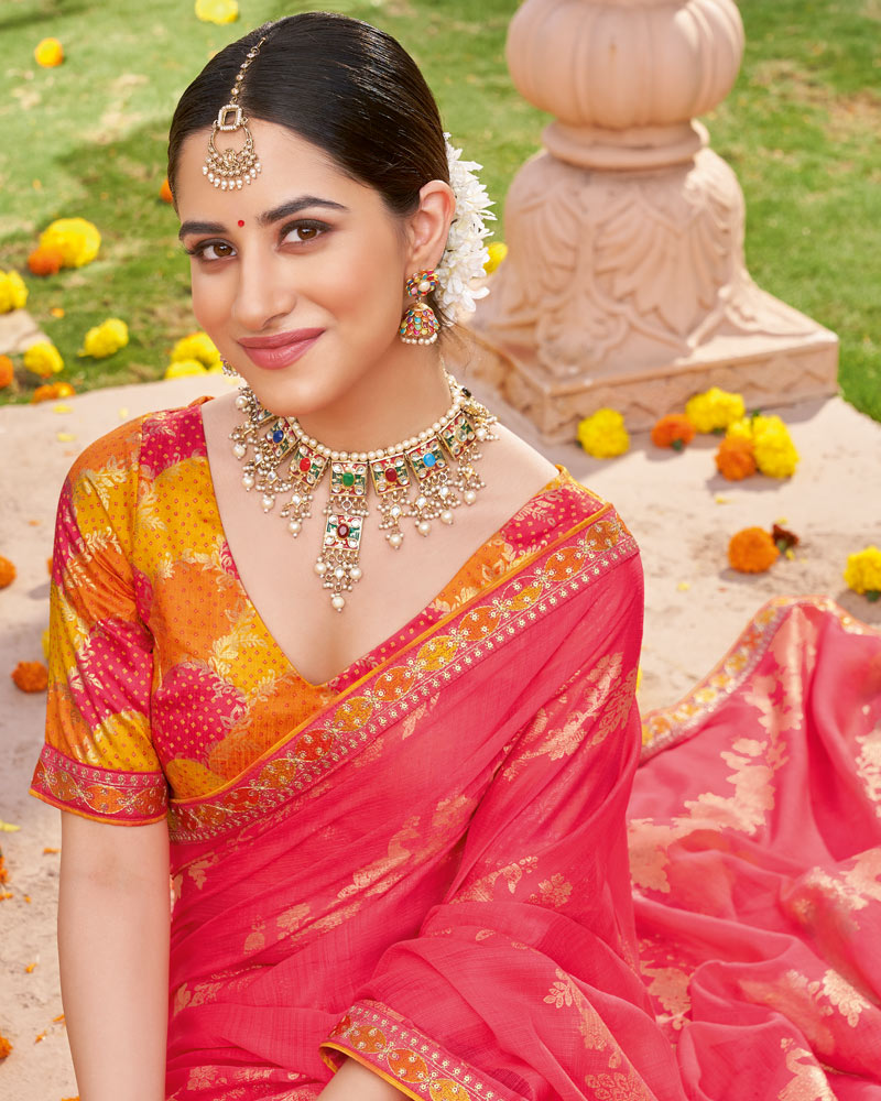 Vishal Prints Pastel Red Designer Chiffon Saree With Foil Print And Fancy Border
