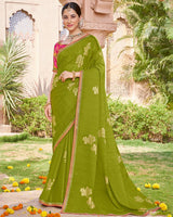 Vishal Prints Olive Green Designer Chiffon Saree With Foil Print And Fancy Border