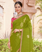 Vishal Prints Olive Green Designer Chiffon Saree With Foil Print And Fancy Border