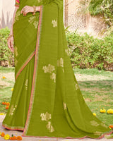 Vishal Prints Olive Green Designer Chiffon Saree With Foil Print And Fancy Border