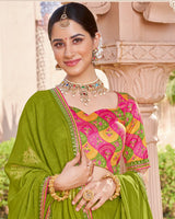 Vishal Prints Olive Green Designer Chiffon Saree With Foil Print And Fancy Border