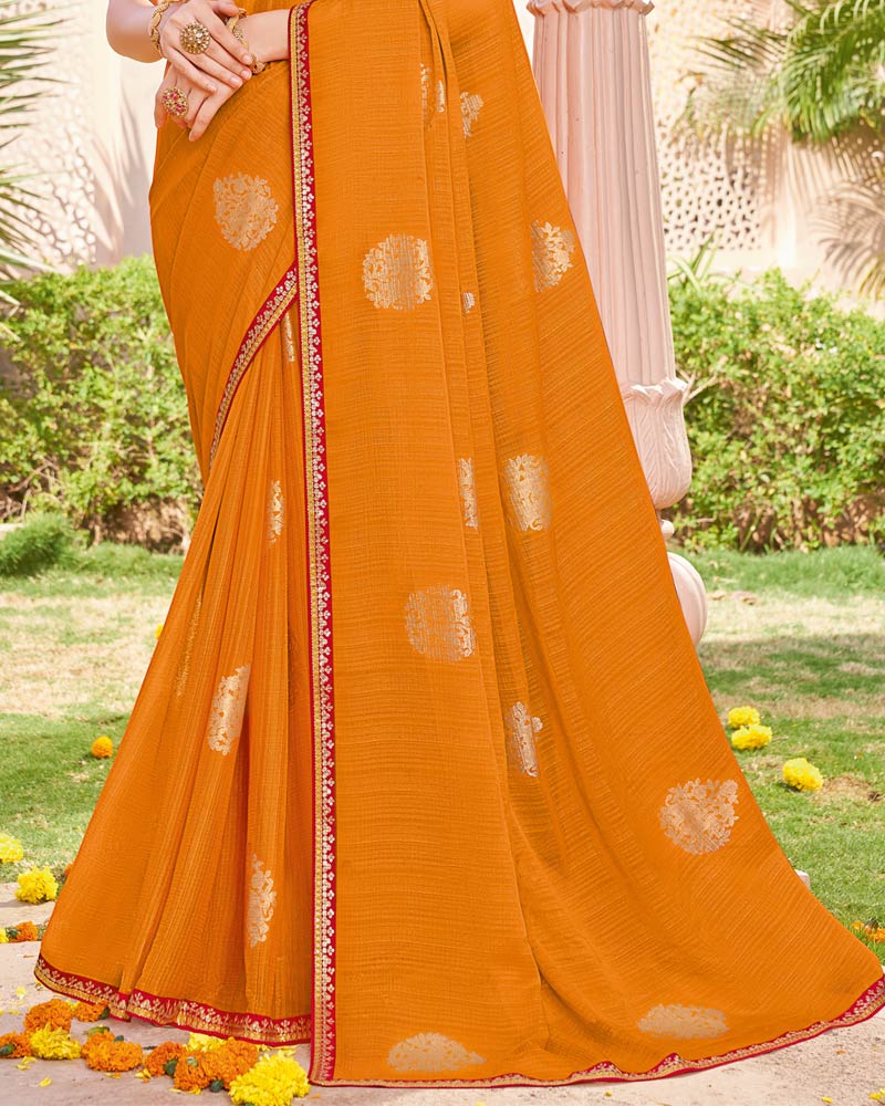 Vishal Prints Rusty Orange Designer Chiffon Saree With Foil Print And Fancy Border
