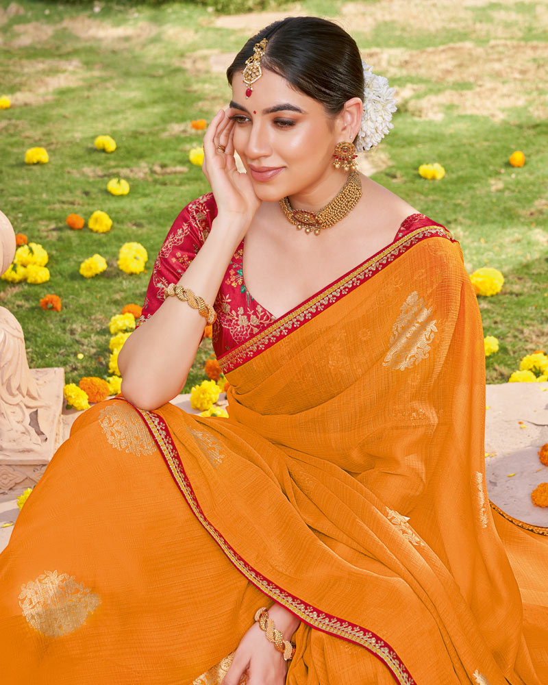 Vishal Prints Rusty Orange Designer Chiffon Saree With Foil Print And Fancy Border