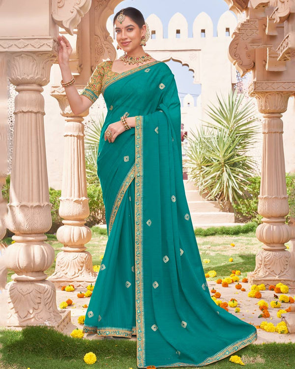 Vishal Prints Persian Green Designer Chiffon Saree With Foil Print And Fancy Border