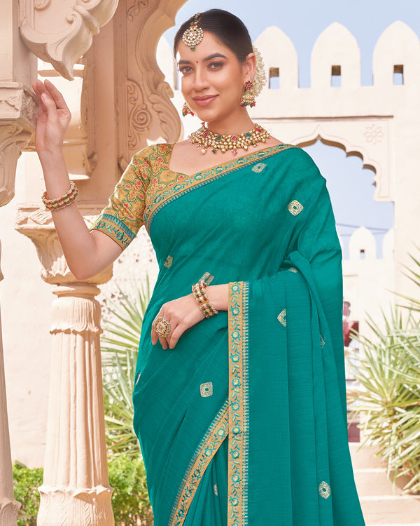 Vishal Prints Persian Green Designer Chiffon Saree With Foil Print And Fancy Border