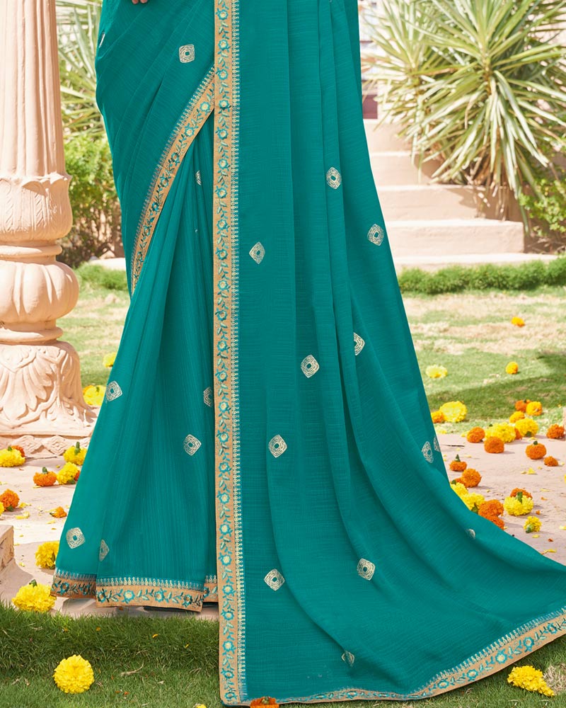 Vishal Prints Persian Green Designer Chiffon Saree With Foil Print And Fancy Border