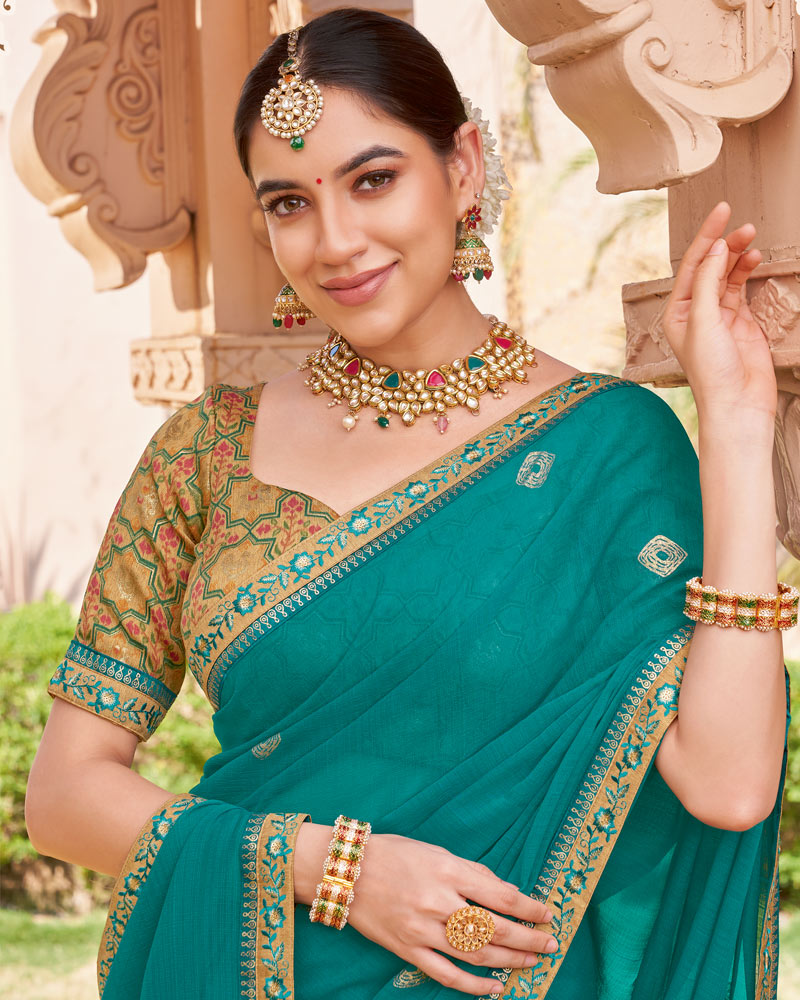 Vishal Prints Persian Green Designer Chiffon Saree With Foil Print And Fancy Border