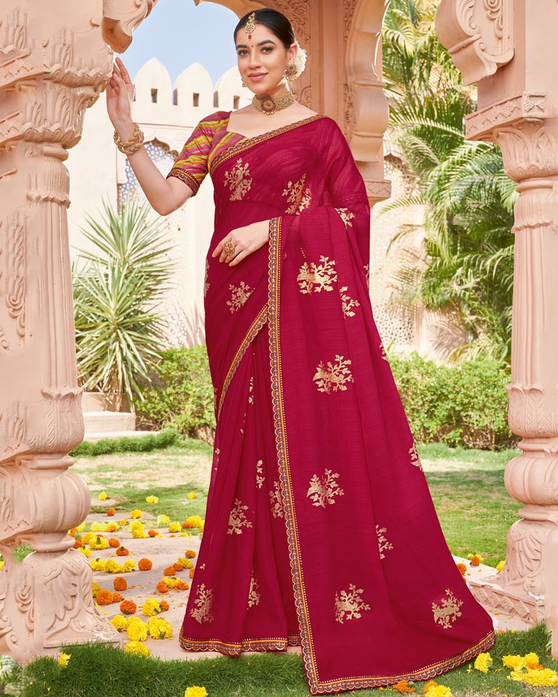 Vishal Prints Vivid Burgundy Designer Chiffon Saree With Foil Print And Fancy Border