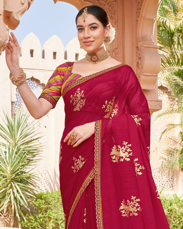 Vishal Prints Vivid Burgundy Designer Chiffon Saree With Foil Print And Fancy Border