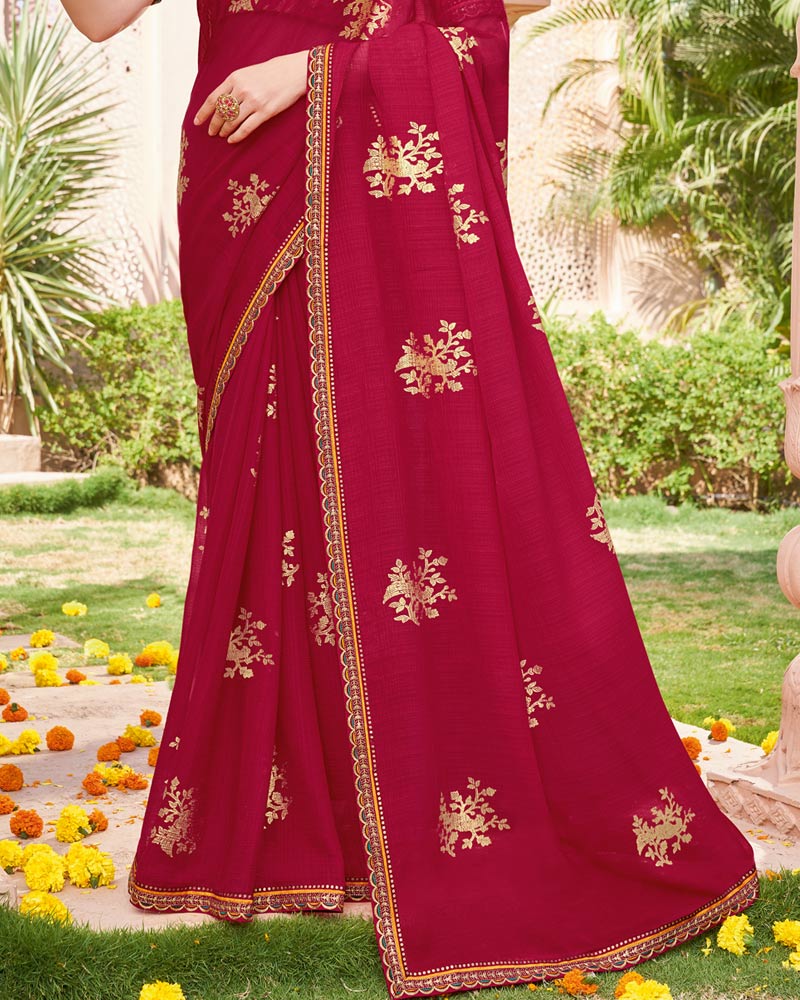 Vishal Prints Vivid Burgundy Designer Chiffon Saree With Foil Print And Fancy Border